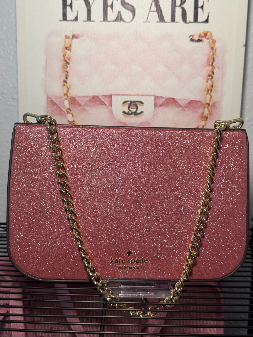 Kate Spade Pink Glitter Chain Crossbody Clutch Wallet On Chain Gold Chain
